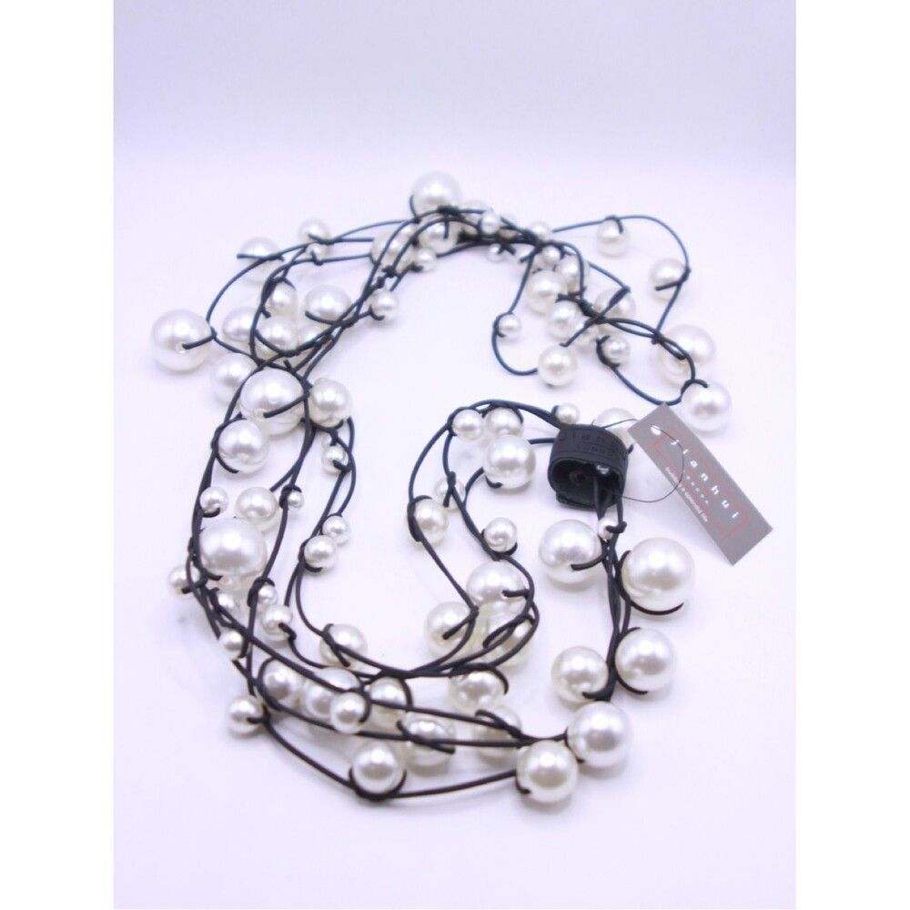 JianHui London 3 Strand Faux Pearls On Leatherette Statement Playful Necklace